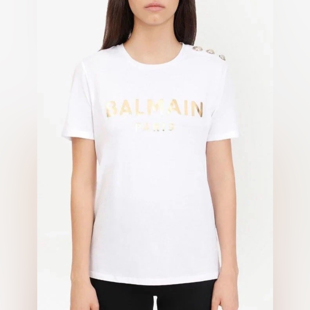 NWT Balmain Gold metallic-logo Button T-shirt XXSmall $585
